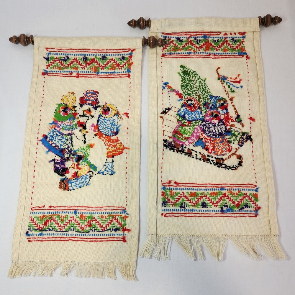 Vintage Hand‎ Embroidered Winter Wall Hangings Set 2 Snowman Sledding Folk Art - Picture 8 of 8
